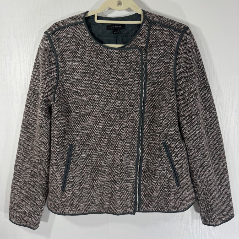 Ann Taylor Moto Jacket Women's Size 12 Tweed Full Zip Collarless Neutral